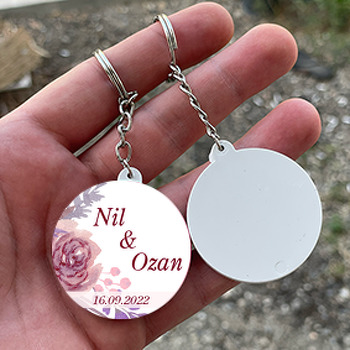 Mürdüm Gül ile Mor Yapraklar Temalı Daire Plastik Anahtarlık