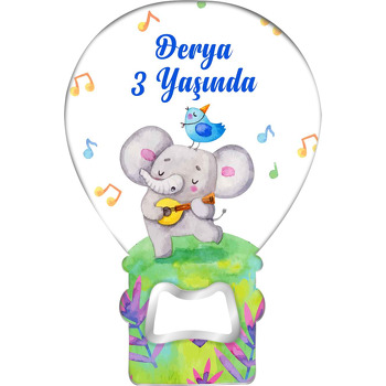 Müzisyen Fil ile Kuş Temalı Balon Ahşap Magnet 