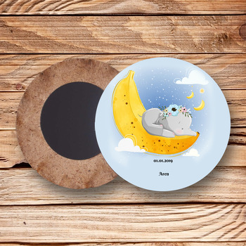 MuzluŞeklinde Ay ve Mavi Fil Temalı Ahşap Magnet