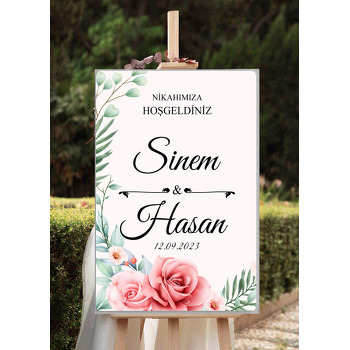 Nar Çiçeği Rengi Gül ile Yapraklar Temalı Söz Nişan Nikah Dekota Karşılama Panosu