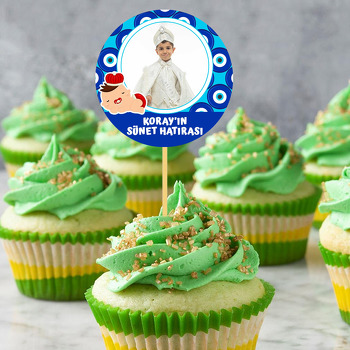 Nazar Boncuğu Fon ile Kırmızı Taçlı Sünnet Bebeği Temalı Parti Kürdan Süs