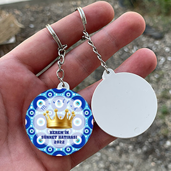 Nazar Boncuğu Fonda Gold Taç ile Sünnet Temalı Daire Plastik Anahtarlık