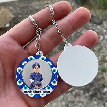 Nazar Boncuğu Fonda Gümüş Çerçeve Temalı Daire Plastik Anahtarlık