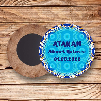 Nazar Boncuğu ile Grek Desen Temalı Daire Ahşap Magnet