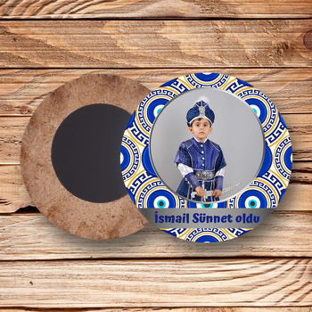 Nazar Boncuğu ile Grek Desen Temalı Daire Ahşap Magnet