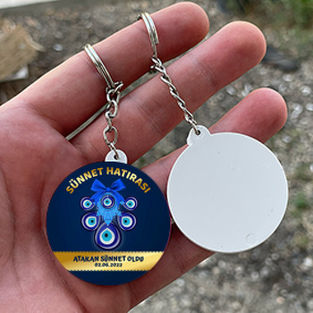 Nazar Boncuğu ile Mavi İşleme Sünnet Temalı Daire Plastik Anahtarlık