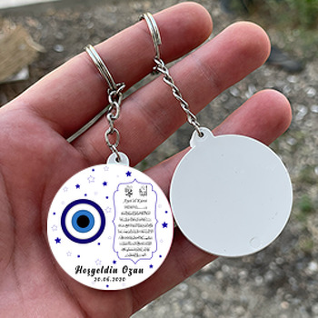 Nazar Boncuklu Ayetel Kursi Temalı Daire Plastik Anahtarlık