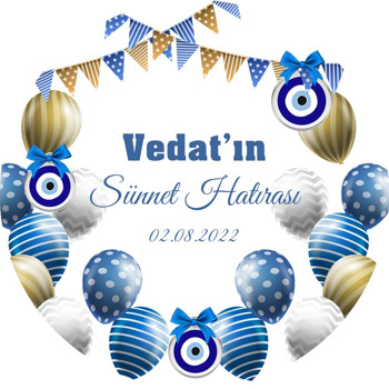 Nazar Boncuklu Flama ve Desenli Balonlarla Beyaz Fonda Sünnet Hatırası Temalı Akrilik Daire Magnet