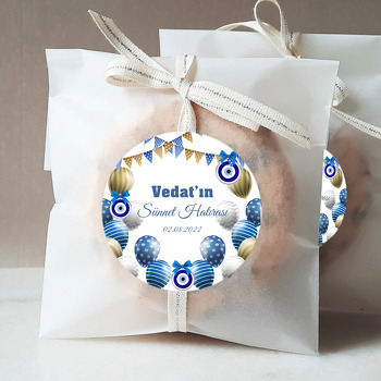 Nazar Boncuklu Flama ve Desenli Balonlarla Beyaz Fonda Sünnet Hatırası Temalı Sticker