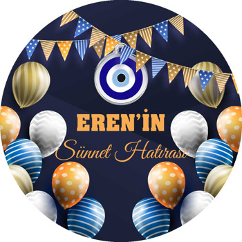 Nazar Boncuklu Flama ve Desenli Balonlarla Lacivert Fonda Sünnet Hatırası Temalı Akrilik Daire Magnet