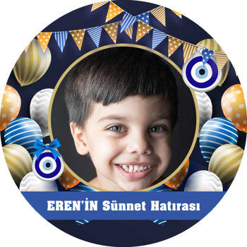 Nazar Boncuklu Flama ve Desenli Balonlarla Lacivert Fonda Sünnet Hatırası Temalı Akrilik Daire Magnet