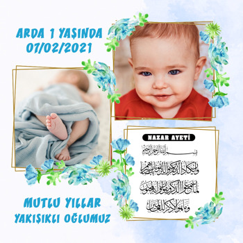 Nazar Duası ile Çiçekli İkili Çerçeve Temalı Kare Doğum Günü Parti Afiş
