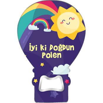 Neşeli Güneş ile Gökkuşağı Temalı Balon Ahşap Magnet 