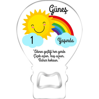 Neşeli Güneş ile Gökkuşağı Temalı Balon Ahşap Magnet 