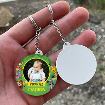 Neşeli Hayvanlar ile Yeşil Yapraklar Temalı Daire Plastik Anahtarlık