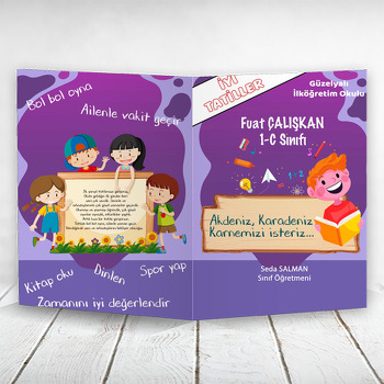 Neşeli Kitap Okuyan Çocuk ile Mor Fon Temalı Okul Karne Kılıfı