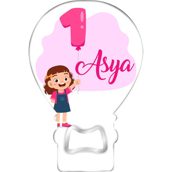 Neşeli Kız Çocuğu ile Bir Yaş Balon Temalı Balon Ahşap Magnet 