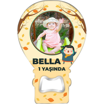 Neşeli Kız Çocuğu ile Sonbahar Yaprakları Temalı Balon Ahşap Magnet 