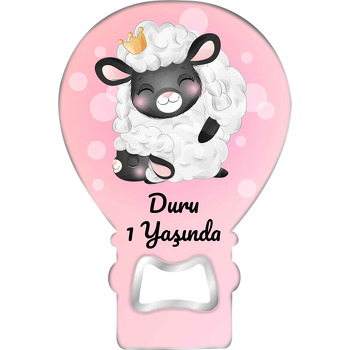 Neşeli Kuzu Anne Kız Pembe Fon Temalı Balon Ahşap Magnet 