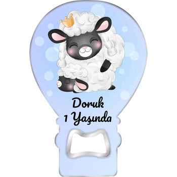 Neşeli Kuzu Anne Oğul Pembe Fon Temalı Balon Ahşap Magnet 