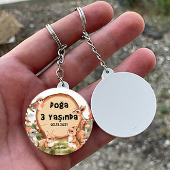 Neşeli Orman Hayvanları Temalı Daire Plastik Doğum Günü Anahtarlık