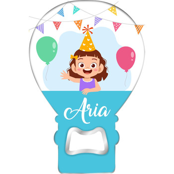 Neşeli Parti Kızı ile Mavi Yarım Fon Temalı Balon Ahşap Magnet 