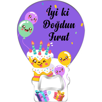 Neşeli Pasta ile Balonlar Mor Fon Temalı Balon Ahşap Magnet 