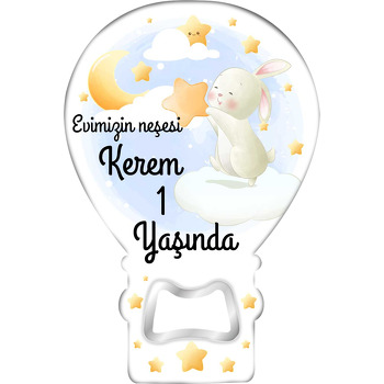Neşeli Tavşan ile Yıldızlar Temalı Balon Ahşap Magnet 