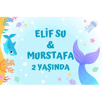 Okyanusta Denizkızı ile Köpek Balığı Temalı Doğum Günü Afiş