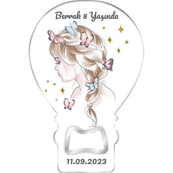 Örgü Saçlarında Kelebekler ile Kız Temalı Balon Ahşap Magnet 