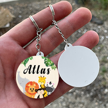 Orman Hayvanları Ahşap Fon Temalı Daire Plastik Anahtarlık