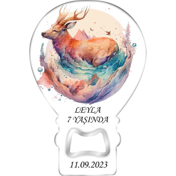 Orman Küresinde Geyik Suluboya Efekt Temalı Balon Ahşap Magnet 