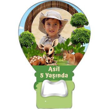 Ormanda Sincap ile Ceylanlar Temalı Balon Ahşap Magnet 
