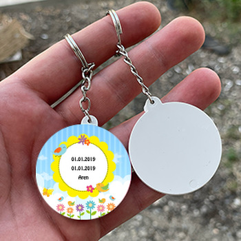 Papatya ve Kuş Temalı Daire Plastik Anahtarlık