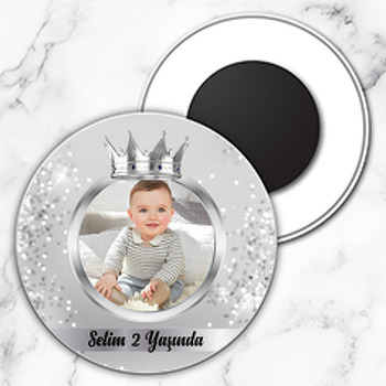 Parıltılı Gümüş Simli Temalı Resimli Daire Plastik Magnet