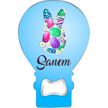Paskalya Tavşanı Desende Mavi Fon Temalı Balon Ahşap Magnet 
