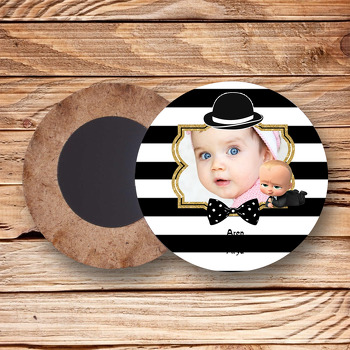 Patron Bebek Siyah Beyaz  Resim Temalı Ahşap Daire Magnet