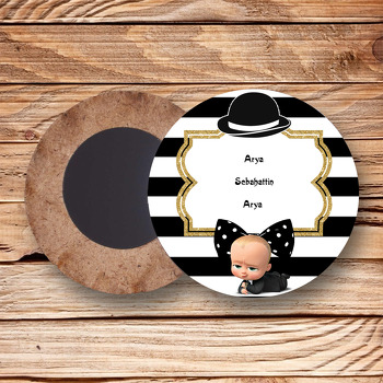 Patron Bebek Siyah Beyaz Temalı Ahşap Daire Magnet