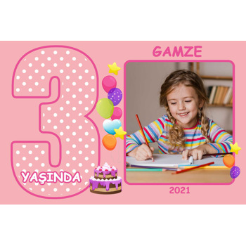 Pembe 3 Yaş Temalı Doğum Günü Magnet