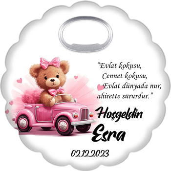Pembe Arabada Sevimli Ayıcık Temalı Çiçek Şekilli Magnet Açacak