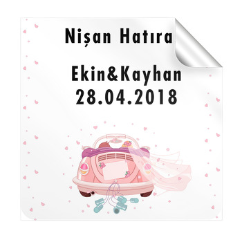 Pembe Arabalı Temalı Söz Nişan  Kare Etiket