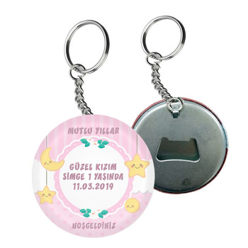 Pembe Ay Ve Yıldız Temalı Arkası Açacak Anahtarlık