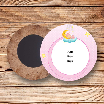 Pembe Aydede Temalı Ahşap Daire Magnet