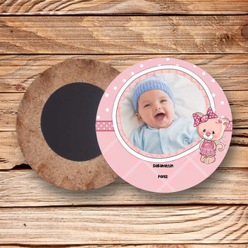 Pembe Ayı Temalı Resimli Ahşap Daire Magnet