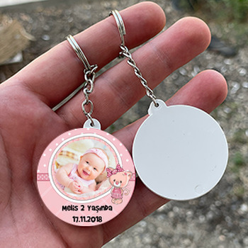 Pembe Ayı Temalı Resimli Daire Plastik Anahtarlık