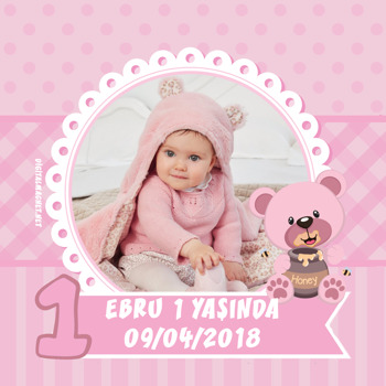 Pembe Ayıcık Temalı 1 Yaş Doğum Günü   Kare Parti Afiş