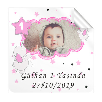Pembe Baby Fil Temalı Doğum Günü Kare Etiket