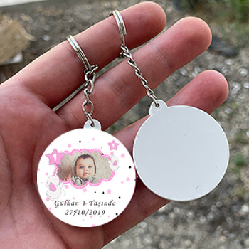 Pembe Baby Fil Temalı Resimli Daire Plastik Anahtarlık