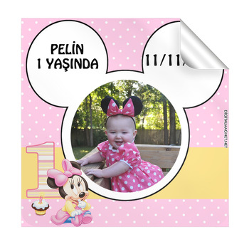 Pembe Baby Mickey Temalı Doğum Günü  Kare Etiket
