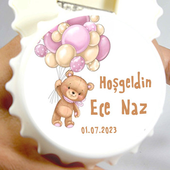 Pembe Balonla Uçan Sevimli Kız Ayı Temalı Kapak Şekilli Magnet Açacak